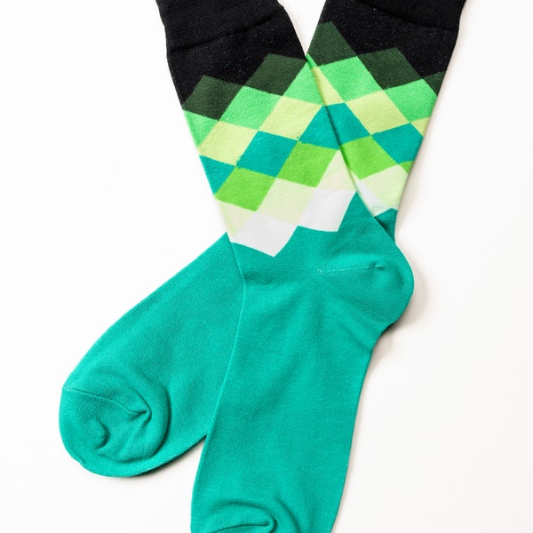 funky checkered socks, modern green turquoise socks, unisex socks, ecological combed cotton