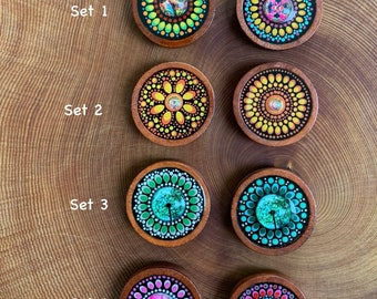 Set of 2 hand painted 3cm wooden cabochon fridge magnets or needle minders. Each design and colour combination is unique.