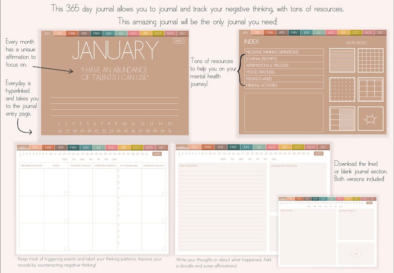 Digital Daily Journal Undated Goodnotes Hyperlink Wellness Planner Affirmation Digital Planner Therapy Journal Mental Health image 2
