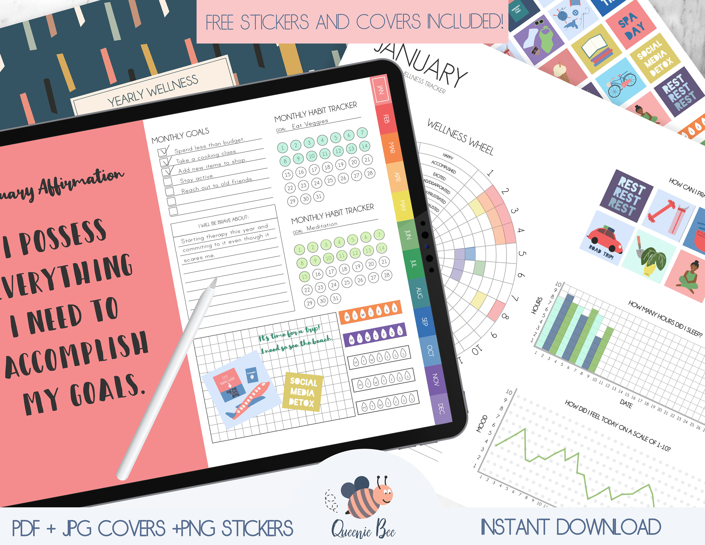 May include: A digital planner displayed on a tablet screen featuring a monthly goal section, habit trackers, and a wellness wheel. The screen displays the text I POSSESS EVERYTHING I NEED TO ACCOMPLISH MY GOALS and includes a white stylus pen.