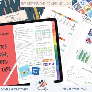 May include: Digital planner pages with wellness and mood trackers, monthly goals, and habit trackers. The planner includes stickers and covers. Text on the pages includes "I AM THE CEO, COO, AND CFO OF MY LIFE" and "FREE STICKERS AND COVERS INCLUDED!"