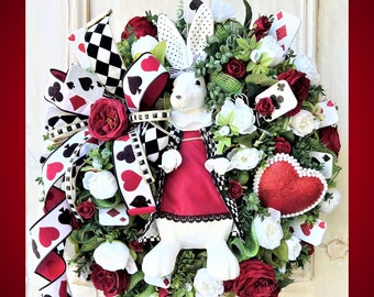 Queen of Hearts Wreath, White Rabbit Wreath, Easter Bunny Wreath, Easter Decor, Playing Card Wreath, Red Rose Wreath,