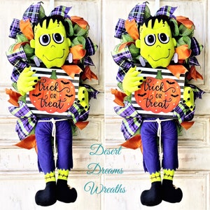 Frankenstein Halloween Wreath, Halloween Decoration,  Frankenstein Wreath, Trick or Treat Wreath, Kid Friendly Halloween Decor