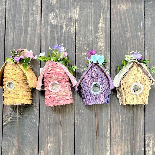 Spring Birdhouse Pick, Spring Floral Pick, Spring Decor, Easter Bird House Pick, Set of 4 Birdhouse Picks, Wreath Attachment
