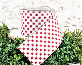 Red and White Checked Ribbon, Glitter Checked Ribbon, Framed Checks Ribbon, Christmas Ribbon, Red and Silver Ribbon, 4&quot; Wired Ribbon