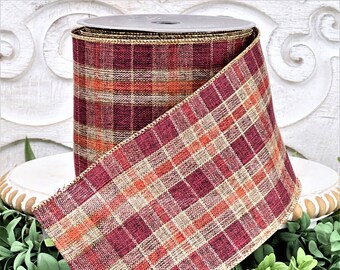 Fall Plaid Ribbon, Burgundy Plaid Ribbon, Orange ribbon, Designer Ribbon, Luxury Ribbon, Wreath Making Supplies, Wired Floral Ribbon