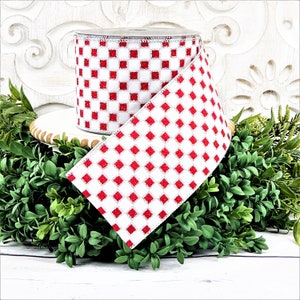 Red and White Checked Ribbon, Glitter Checked Ribbon, Framed Checks Ribbon, Christmas Ribbon, Red and Silver Ribbon, 4&quot; Wired Ribbon