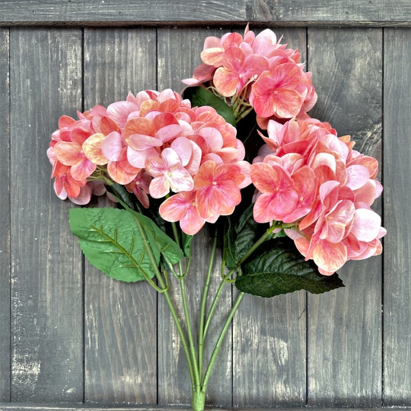 Coral Hydrangea Bush, Natural Touch Hydrangea Bush, Pink Hydrangea, Orange Hydrangea, Hydrangea Stem, Hydrangea Spray, Wreath Making Supply