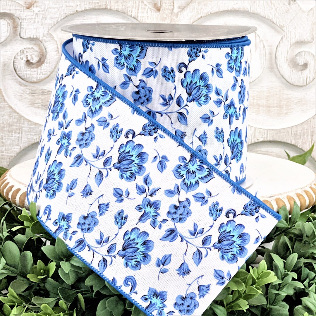 Blue and White Ribbon, 4 Blue Floral Ribbon, French Country Ribbon ...