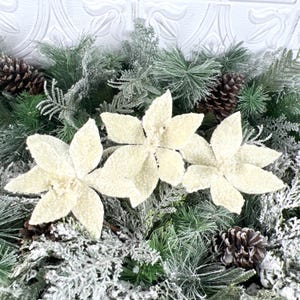 Ivory Pearl Triple Poinsettia Stem, Beaded Holiday Floral, White Glitter Poinsettia, Christmas Floral, Wedding Floral, Wreath Attachment