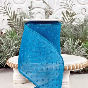 Turquoise Glitter Dot Ribbon, 4&quot; Polka Dot Ribbon, Blue Glittered Ribbon, Blue Xmas Ribbon, Blue Wedding Decor