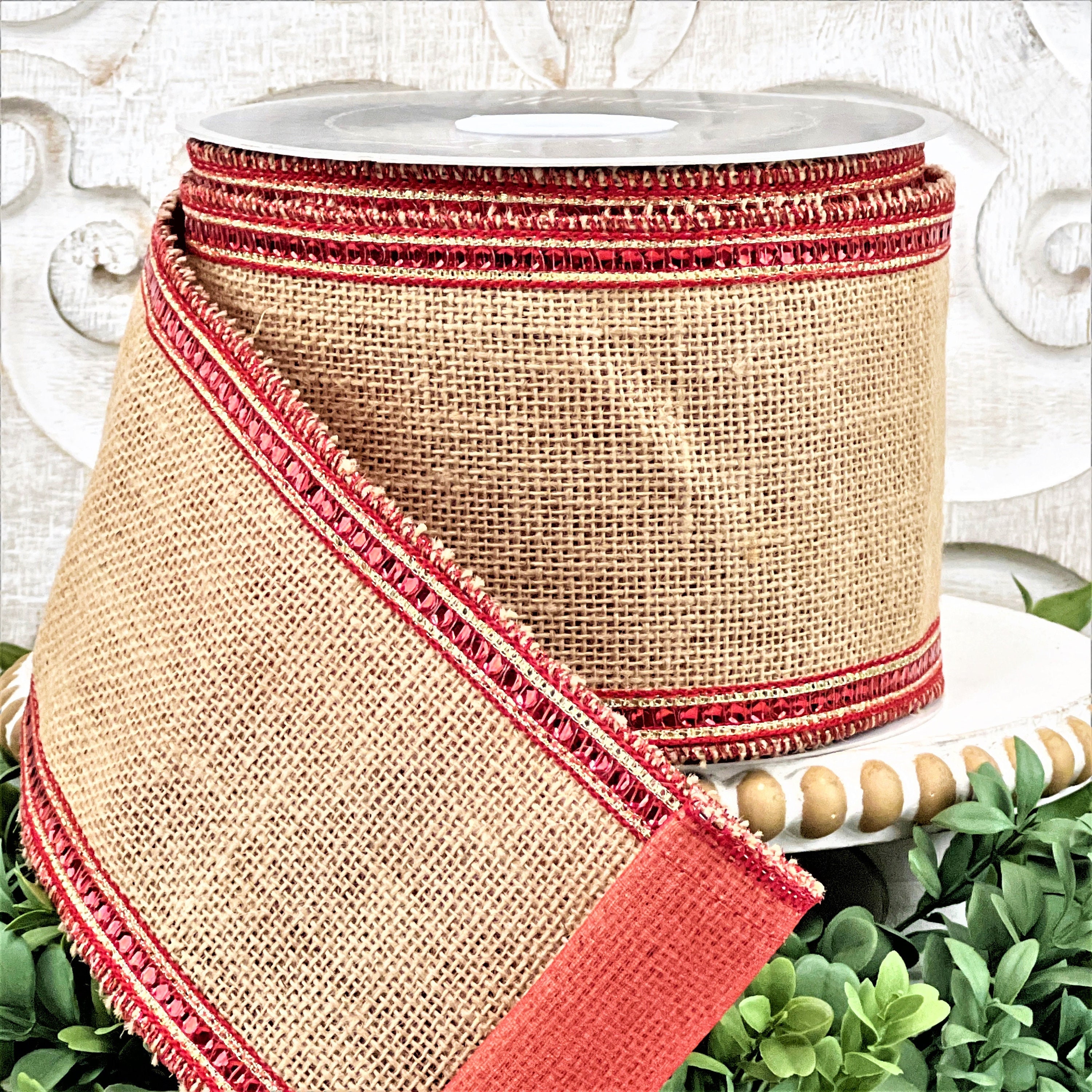 Burlap Ribbon Roll with Lace (12 Colors) Red by LTC Linens