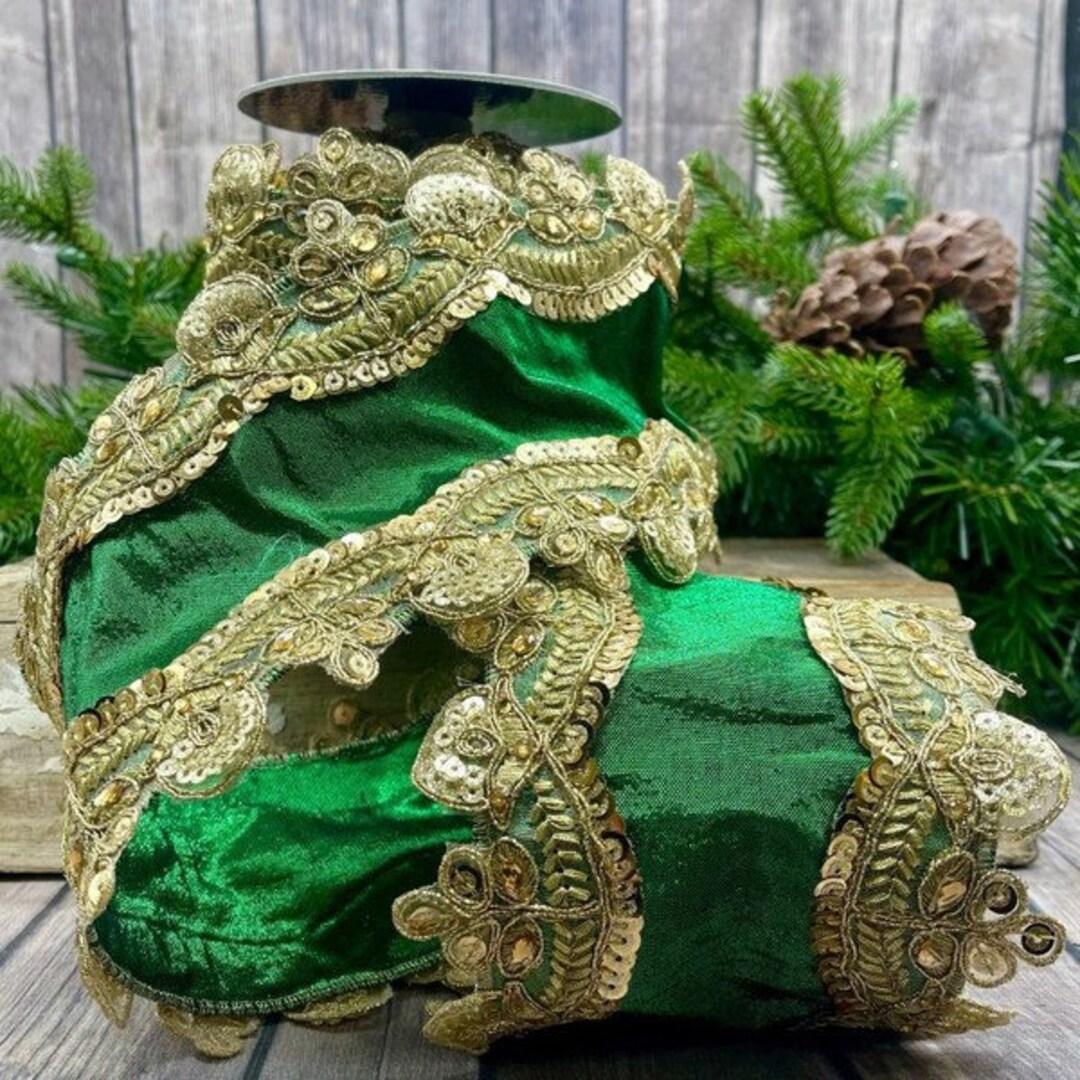 Green and Gold Ribbon, Emerald Green Ribbon, Green Christmas Ribbon