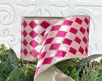 Pink Velvet Harlequin Ribbon,  Farrisilk Diamond Jester Ribbon