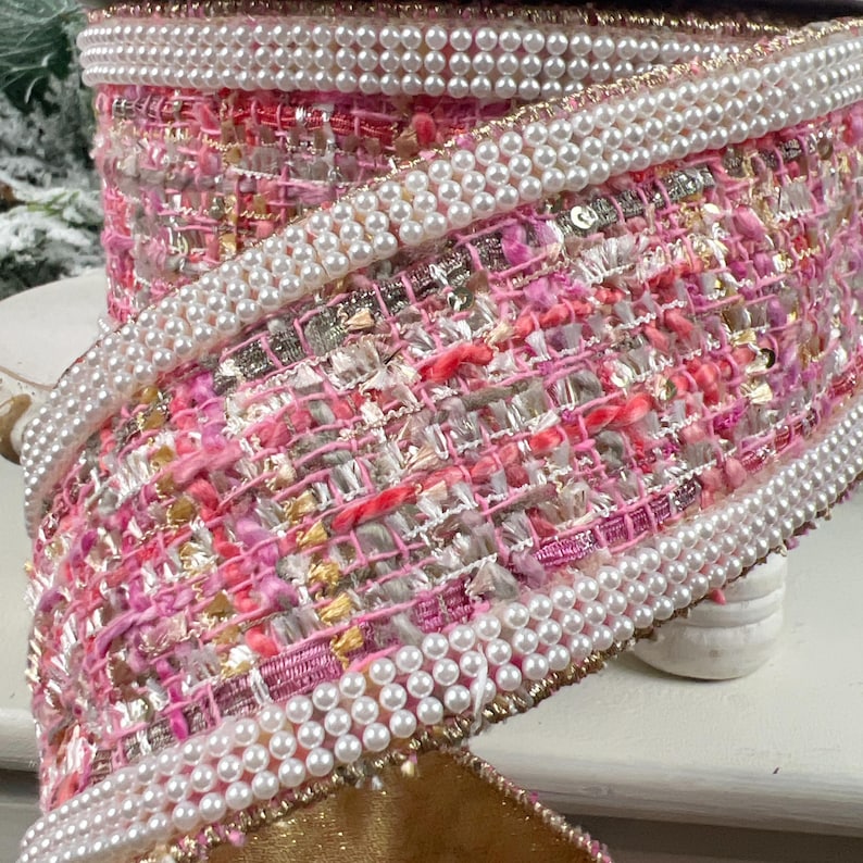 Pink Pearl Tweed Ribbon: Couture Gold Backed Holiday Trim - Etsy