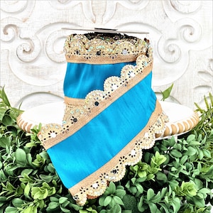 Blue Jewel Trim Ribbon, Blue and Gold Ribbon, Blue Christmas Ribbon, Blue Ribbon with Gold Lace Trim, D Stevens Ribbon, Designer Ribbon