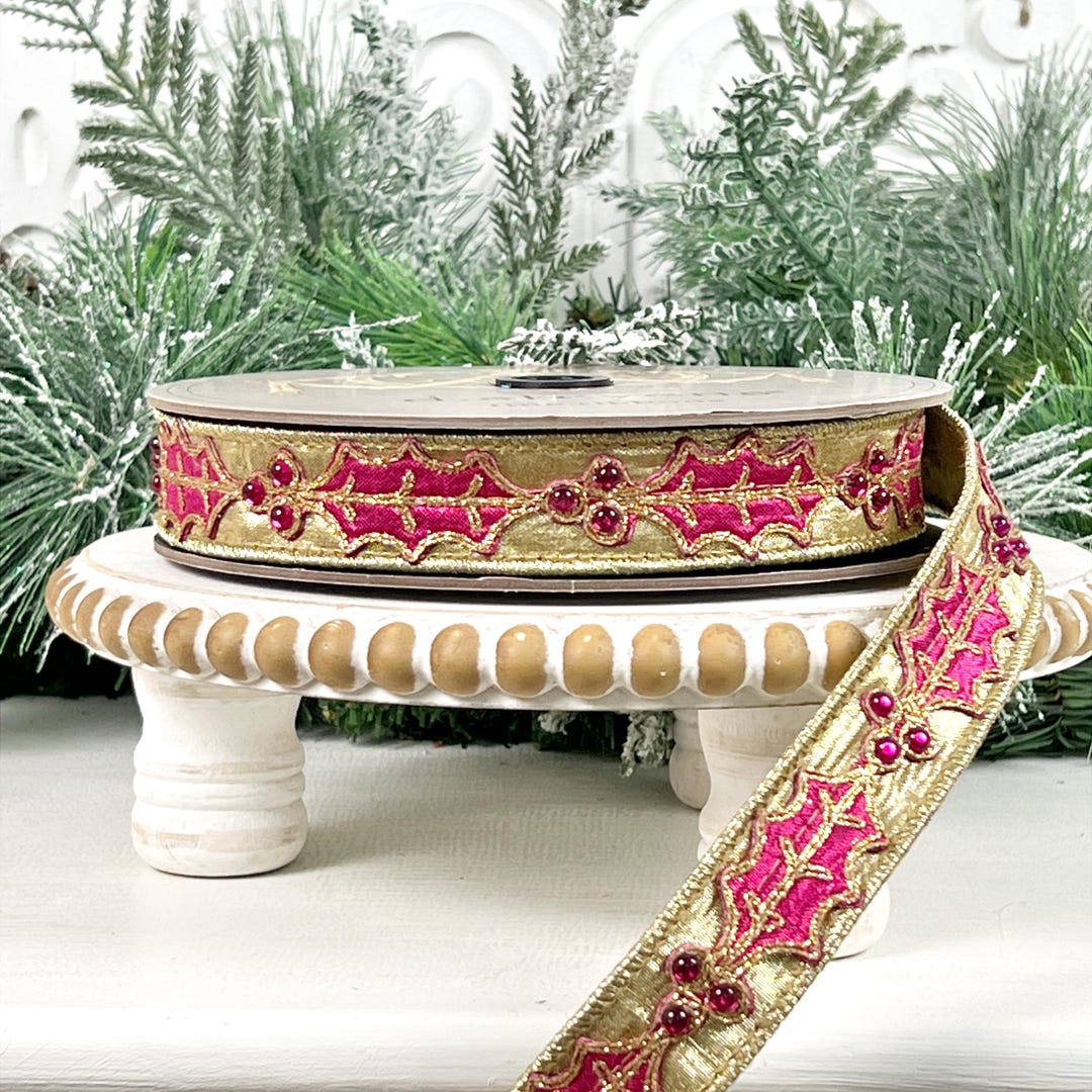 D Stevens Hot Pink and Gold Jewel Trim Holly Ribbon, Hot Pink Holly ...