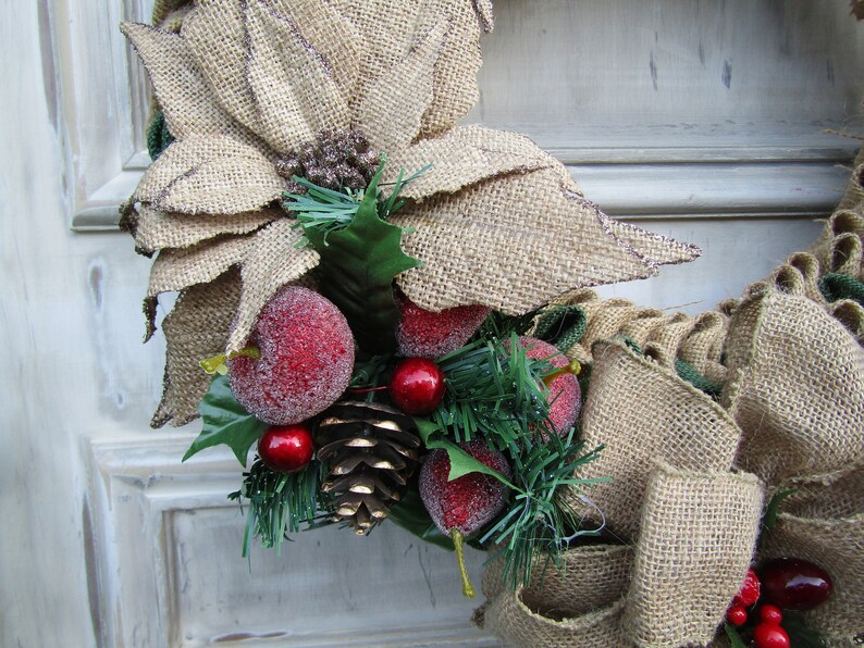 Sparkling Red Berries Glittering Poinsettia Christmas Joy Hunter Green Burlap Wreath with Frosted Pears and Apples and Large Burlap Bow