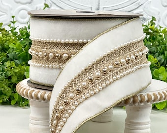 D Stevens Winter White Velvet Ribbon, Pearl Trim Ribbon, Jeweled Velvet Ribbon, Pearl Poiret Trim, Luxury Holiday, Wedding & Floral Ribbon