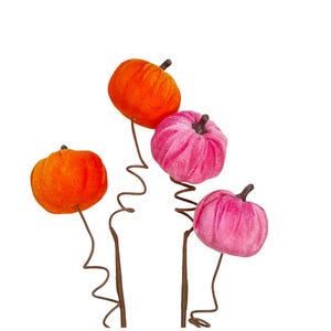 May include: Four decorative pumpkins in shades of orange and pink. Each pumpkin is attached to a brown wire stem with a curly design. The pumpkins have a velvet-like texture and are set against a white background.