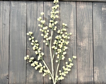 May include: A sprig of faux white berries with green stems against a rustic wood background.