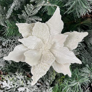 Ivory Pearl Poinsettia Stem, Beaded Holiday Floral, White Glitter Poinsettia, Christmas Flower Pick, Wedding Floral, Wreath Attachment