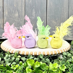 Artificial Bird on Clip, Spring Birds, Easter Decor, Artificial Birds with Feathers, Wreath Making Supply, Spring Decor, Gingham Birds,