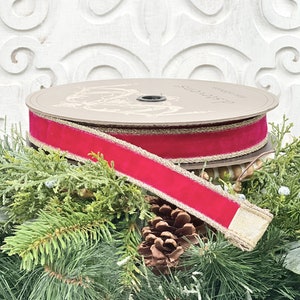 Hot Pink Velvet Ribbon, Pink and Gold Velvet Ribbon, 1 Inch Hot Pink Velvet Ribbon, D Stevens Ribbon, Valentines Day Ribbon