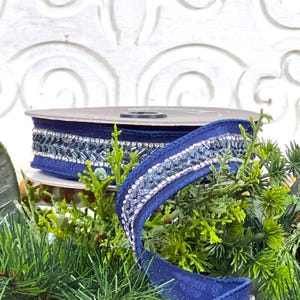 Navy Blue Jeweled Ribbon, 1&quot; Jeweled Blue Ribbon, Wired Blue Ribbon, Farrisilk Ribbon,  Blue Wedding Decor, Blue Christmas Ribbon