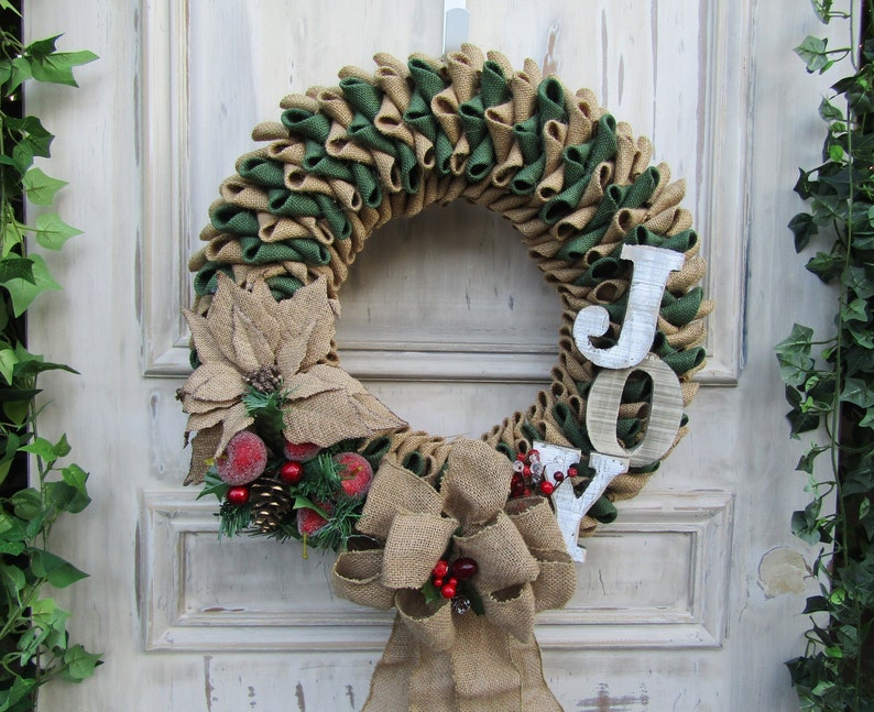 Sparkling Red Berries Glittering Poinsettia Christmas Joy Hunter Green Burlap Wreath with Frosted Pears and Apples and Large Burlap Bow
