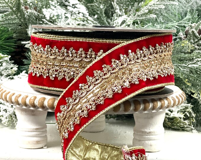 Jewled Ribbon D. Stevens Red Jeweled Velvet Ribbon, Red Velvet Ribbon With Gold ...
