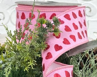 Pink and Red Heart Ribbon, Valentine Ribbon, 2.5" Heart Ribbon, Pink Ribbon with Red Hearts, Farrisilk Ribbon,