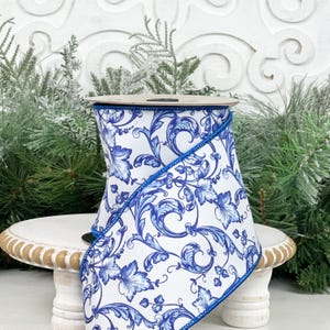D Stevens Chinoiserie Ribbon, Acanthus Scroll Chinoiserie, 4 Inch x 10 Yard Luxury Wired Ribbon, Blue and White Ribbon, D Stevens Ribbon,