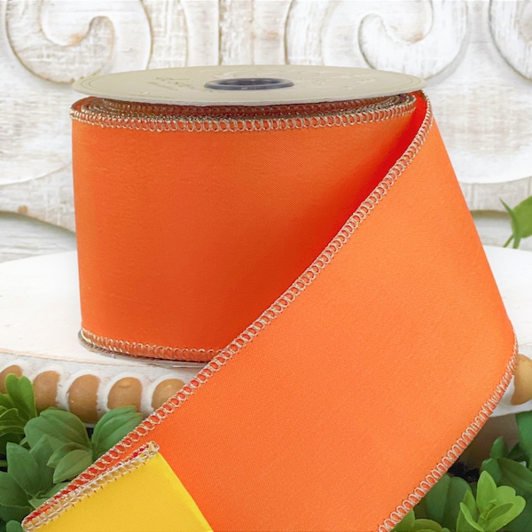 Orange and Yellow Ribbon, Yellow Wired Ribbon, Halloween Ribbon, Candy Corn Ribbon, Summer Ribbon, D Stevens Orange Taffeta Ribbon,