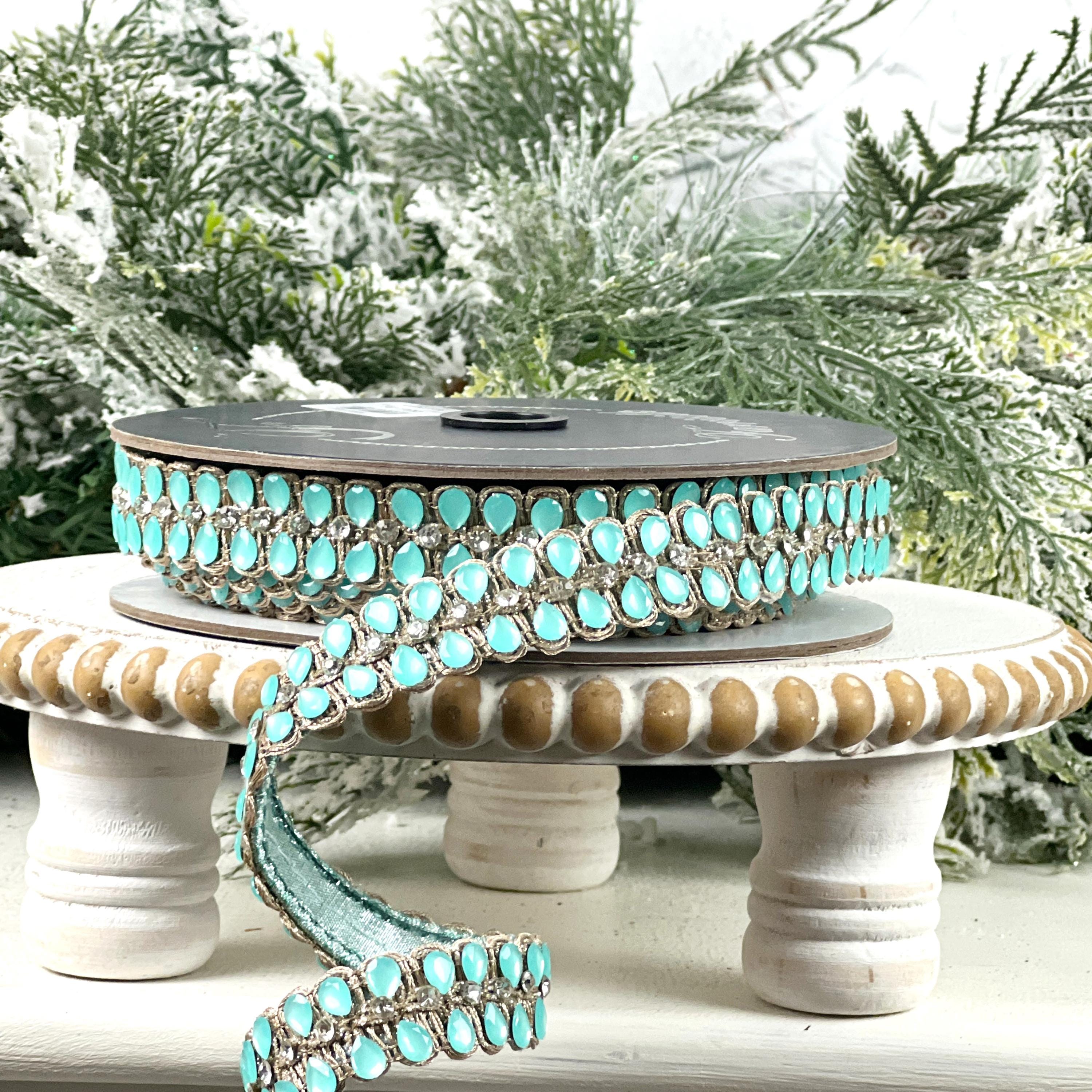 Jewled Ribbon Farrisilk Light Blue Jeweled Ribbon, Platinum Designer Ribbon for ...