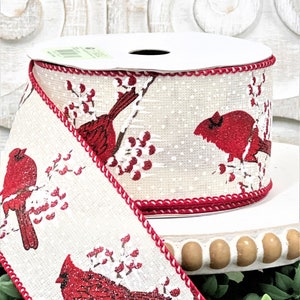 Kardinalband, Weihnachtskardinalband, Roter Vogel mit Beerenband, Rotes und weißes Weihnachtsband, Glitzertes Kardinalband