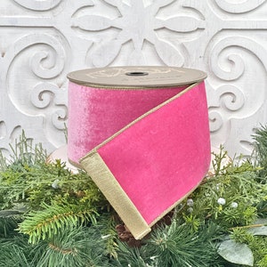 Pink Velvet Ribbon, Pink and Gold Velvet Ribbon, Dark Pink Velvet Ribbon, D Stevens Ribbon, Wired Pink Ribbon, Wreath Making Supply,