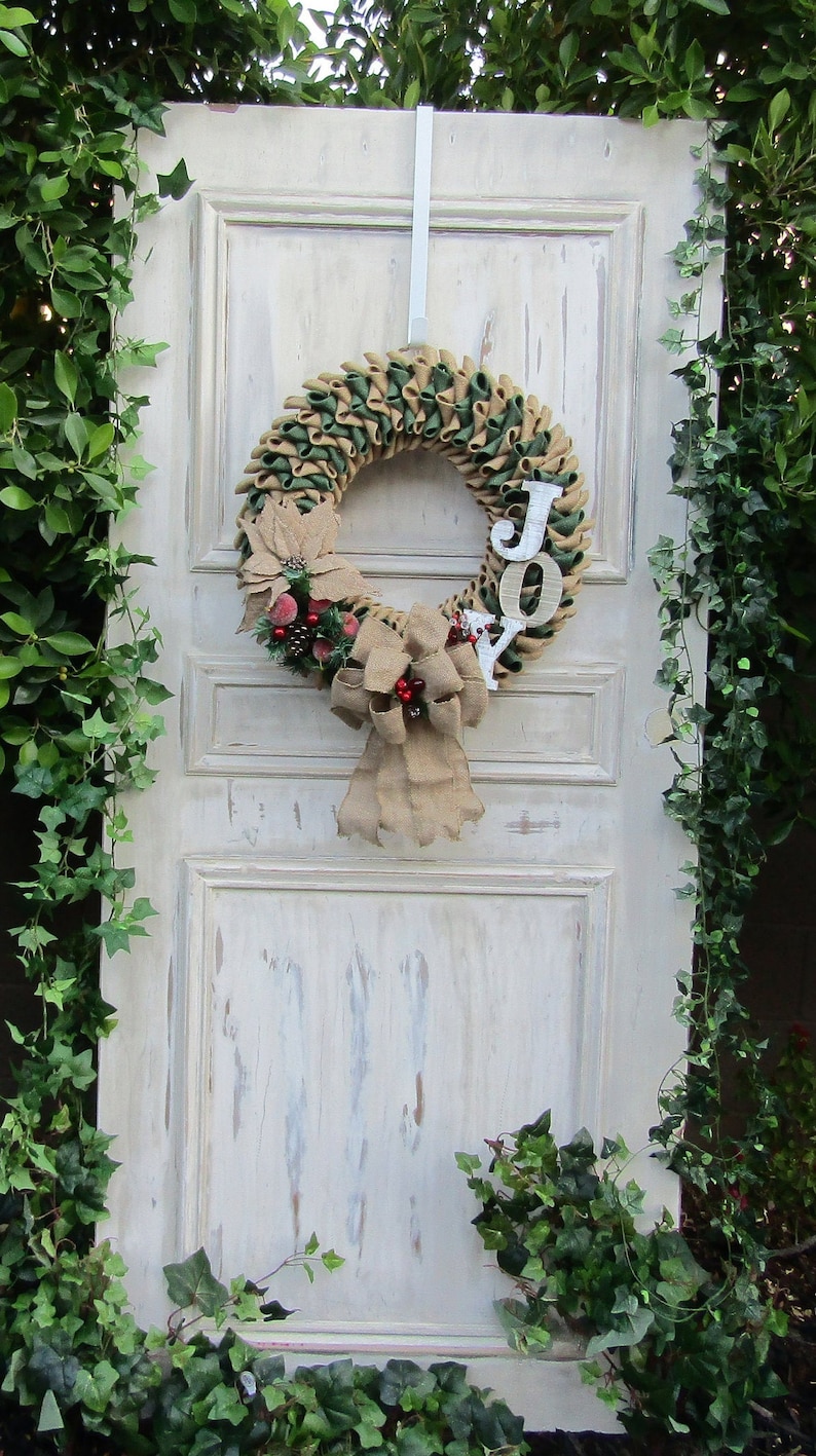 Sparkling Red Berries Glittering Poinsettia Christmas Joy Hunter Green Burlap Wreath with Frosted Pears and Apples and Large Burlap Bow