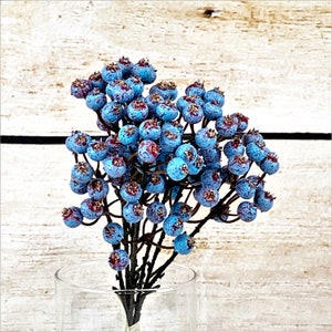 May include: A bouquet of blue berry-like artificial flowers with stems, arranged in a clear glass vase.