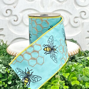 Embroidered Bee Ribbon, Aqua Bee Ribbon, D Stevens Bee Ribbon, Honeycomb Ribbon, Bumblebee Ribbon, Blue Bee Ribbon, Spring Bee Ribbon