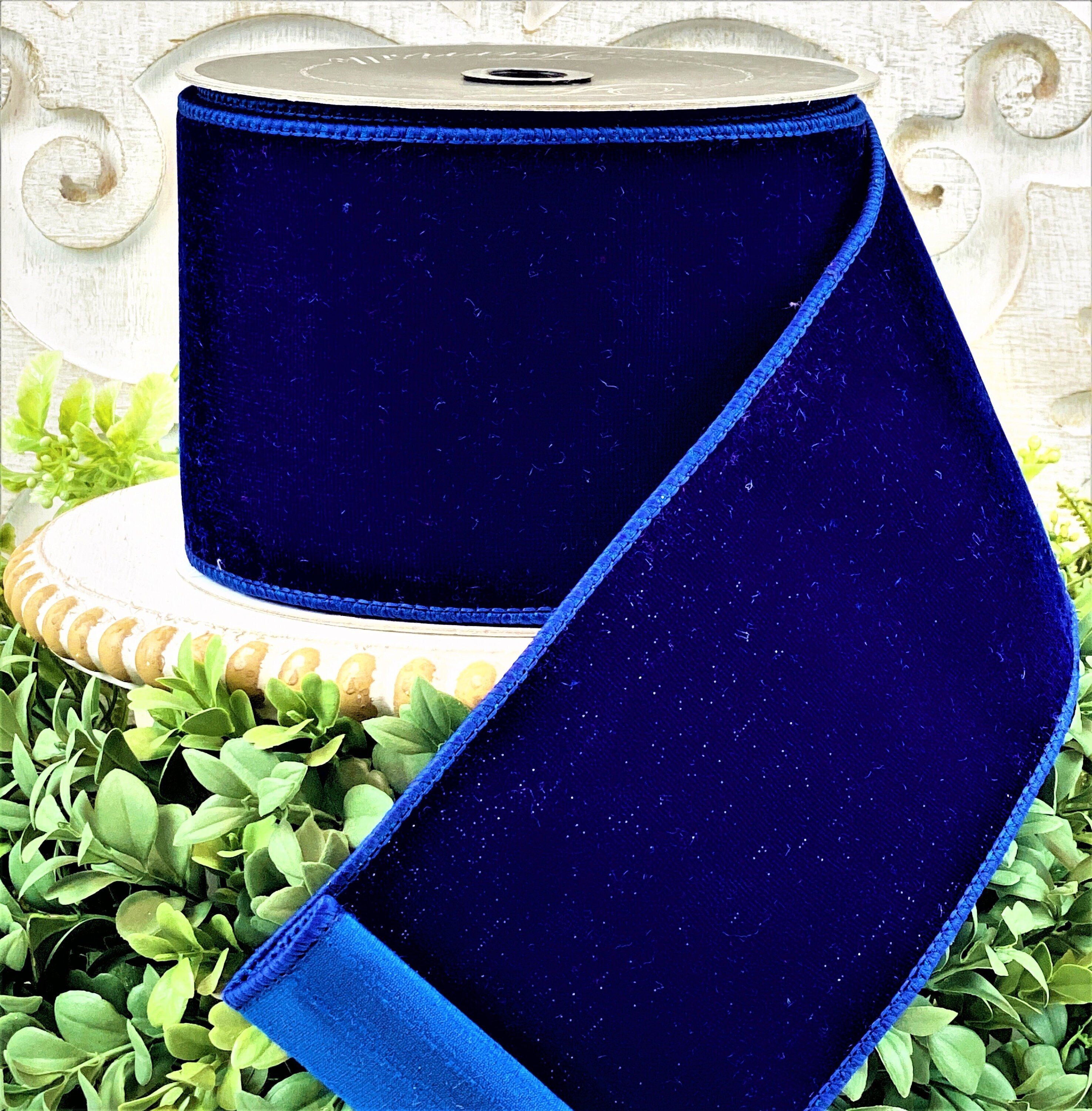 Farrisilk Midnight Blue Velvet Ribbon, Diamond Dust Velvet Ribbon, 4 Inch Blue Velvet Ribbon, Blue Velvet Christmas Ribbon