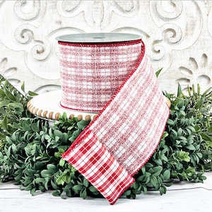 Farrisilk Red and White Plaid Ribbon, Sugar Glitter Wired Ribbon, 4 Inch Double Sided Designer Ribbon, Holiday or Year Round Decor