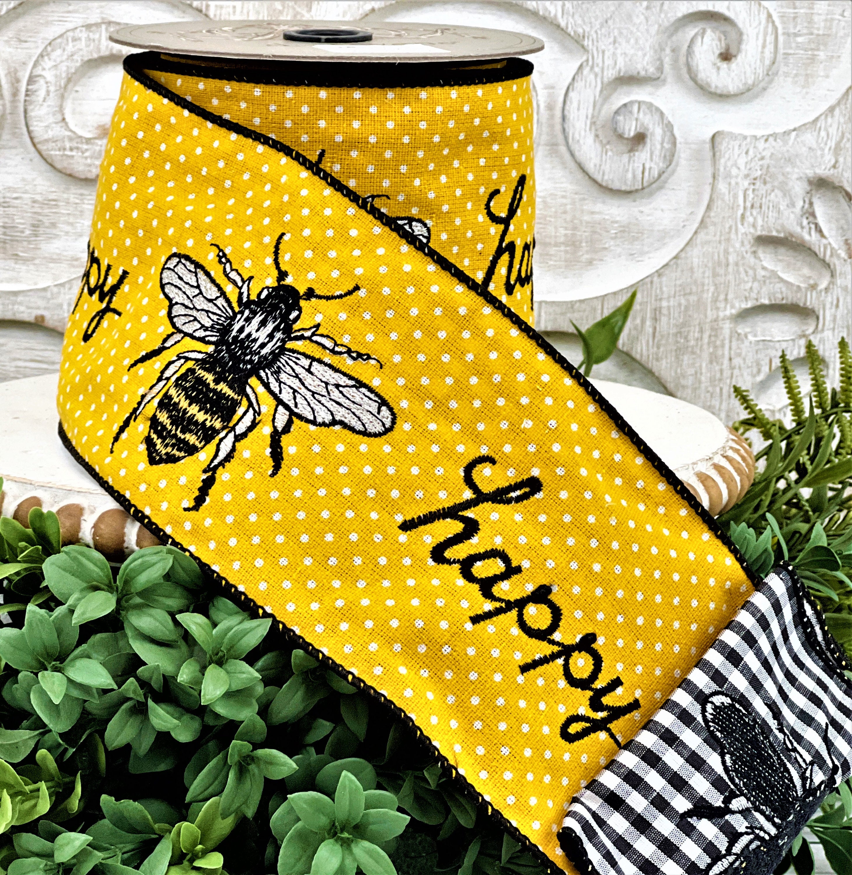 Embroidered Bee Ribbon: Yellow Polka Dot Wired Spring Decor - Etsy