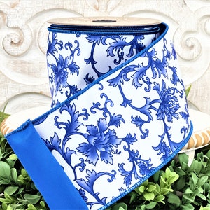 D Stevens Chinoiserie Ribbon,   Luxury Wired Ribbon, Blue and White Ribbon, D Stevens Ribbon, Blue Ribbon
