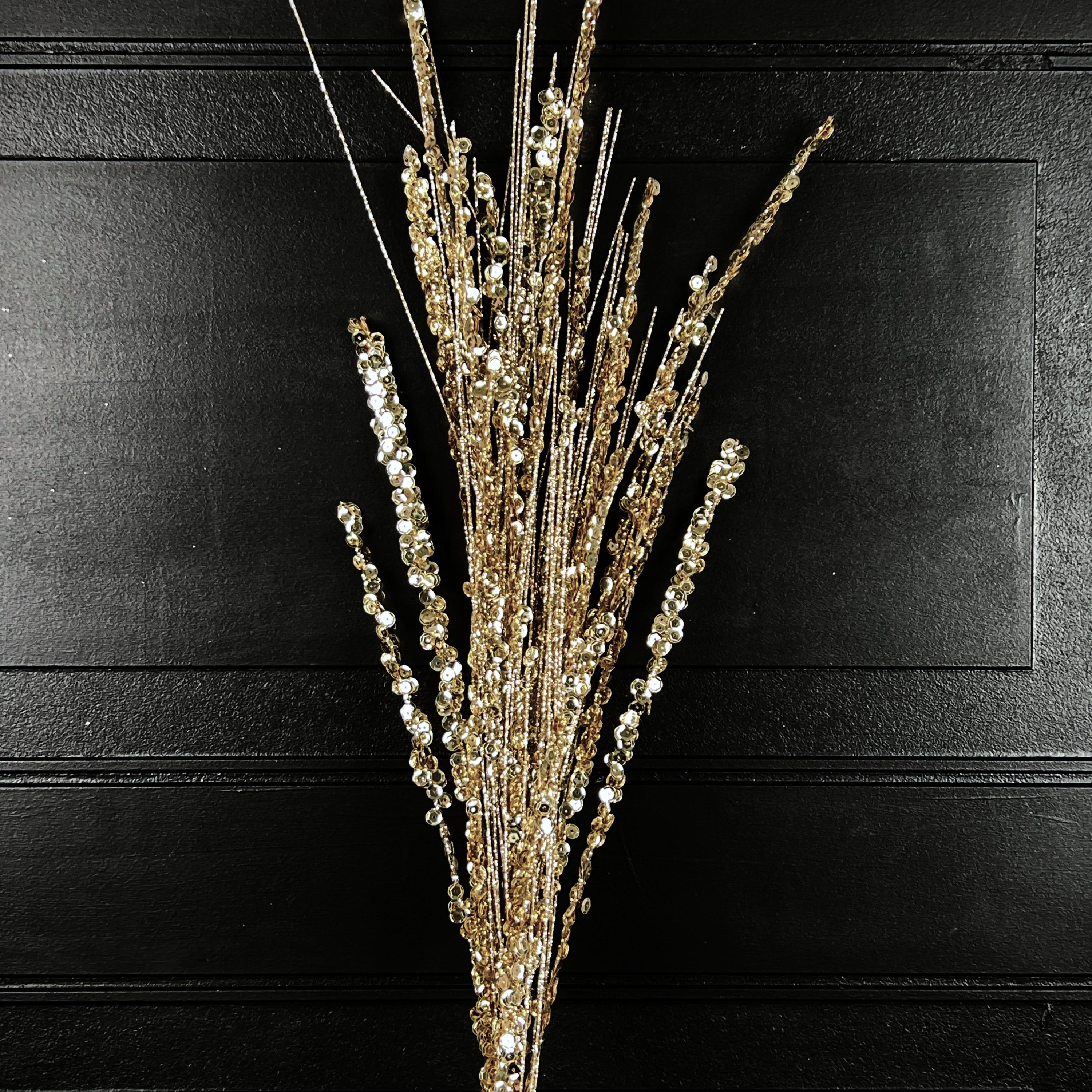 Gold Glitter Pampas Grass Spray, Sequin Holiday Pick, Christmas Floral Stem, Wreath Attachment