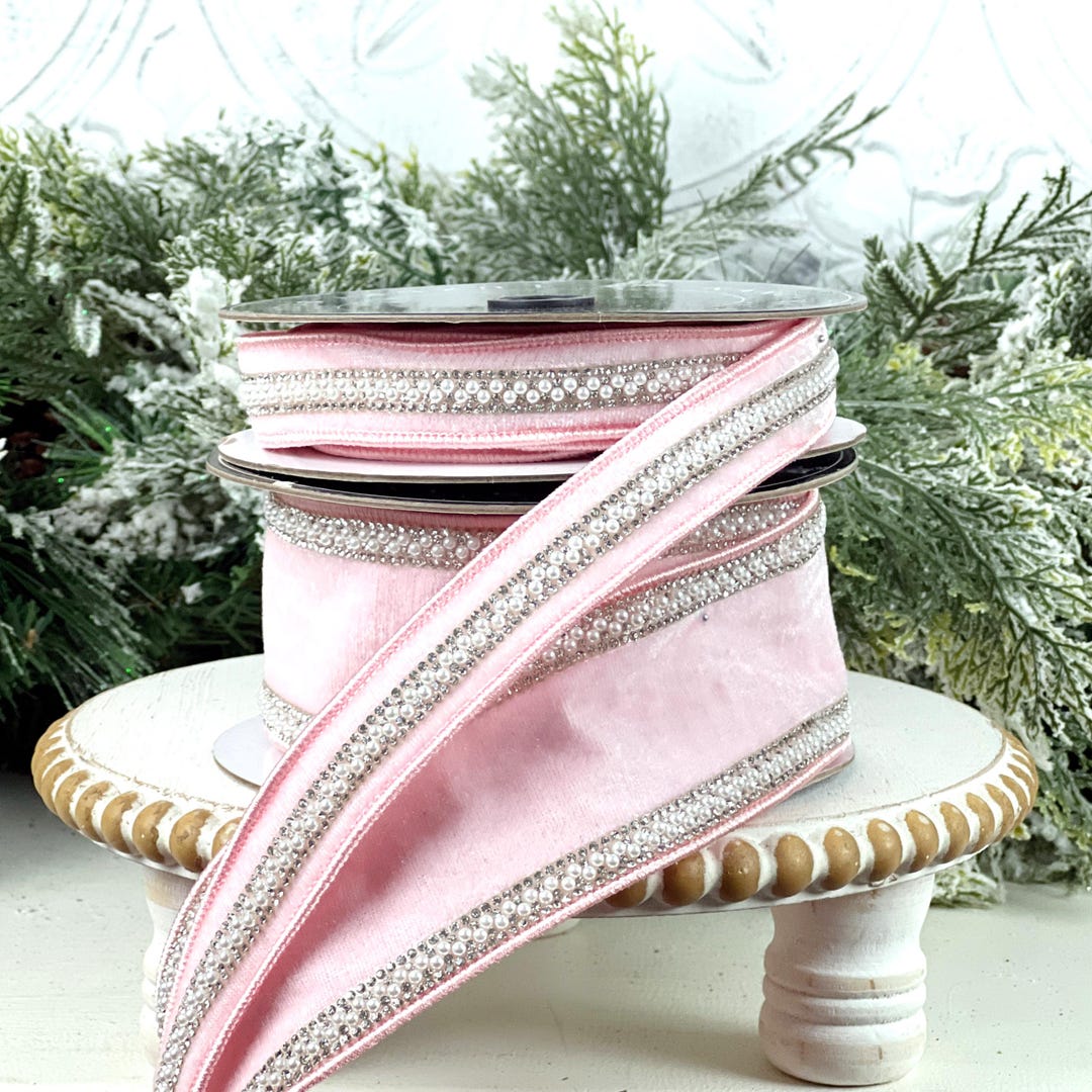 Pink Velvet Ribbon With Pearl and Rhinestone Trim, Elegant Designer ...