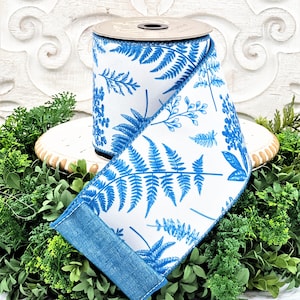 D Stevens Blue Botanical Ribbon, 4 Inch Wired Floral Designer Ribbon, White and Blue Fern Print, 10 Yard Roll for Elegant Decor