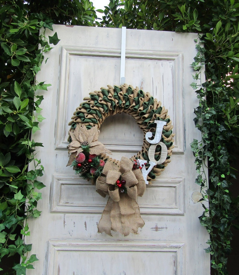 Sparkling Red Berries Glittering Poinsettia Christmas Joy Hunter Green Burlap Wreath with Frosted Pears and Apples and Large Burlap Bow