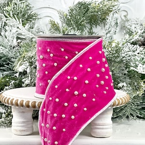 Nancy Brown&#39;s Designer Hot Pink Velvet Ribbon Adorned with Luxurious Pearls, Jeweled Ribbon, Pink Velvet Ribbon, Hot Pink Pearl Trim ribbon