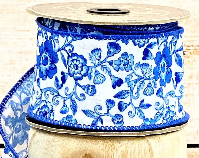 Blue Floral Ribbon Wired Blue Ribbon Blue Ribbon Blue and - Etsy